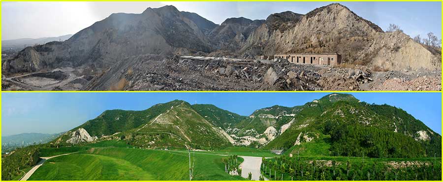 Perbandingan antara Gunung Yuquan sebelum dan sesudah restorasi ekologi | Foto oleh chinadaily.com.cn