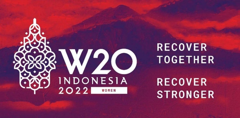logo w20 pohon wayang dan slogan recover together recover stronger