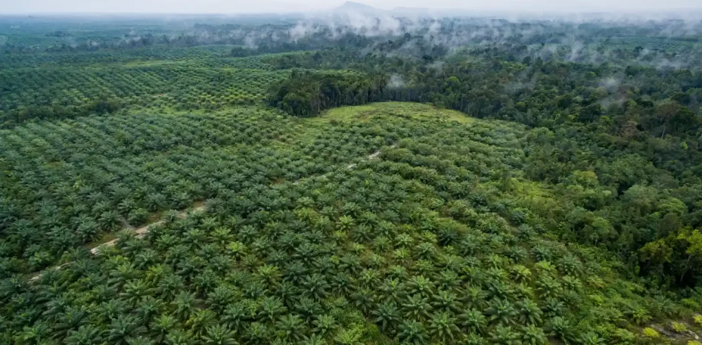 Foto udara minyak sawit dan hutan di Desa Sentabai, Kalimantan Barat, Indonesia