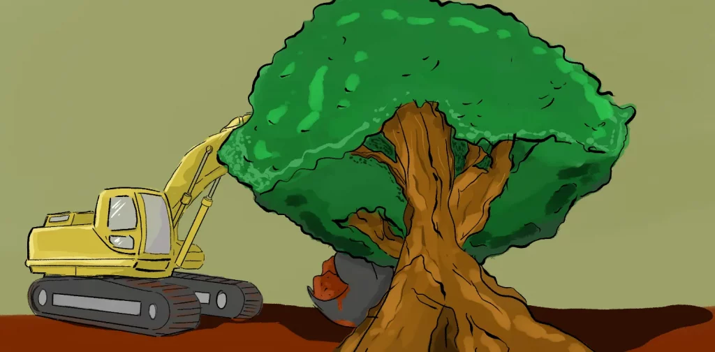 ilustrasi pohon dengan ekskavator di dekatnya.