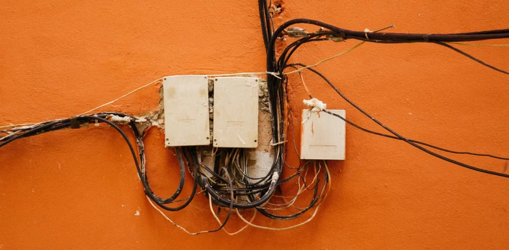 kabel berantakan dan tiga kotak kawat terpasang ke dinding berwarna oranye