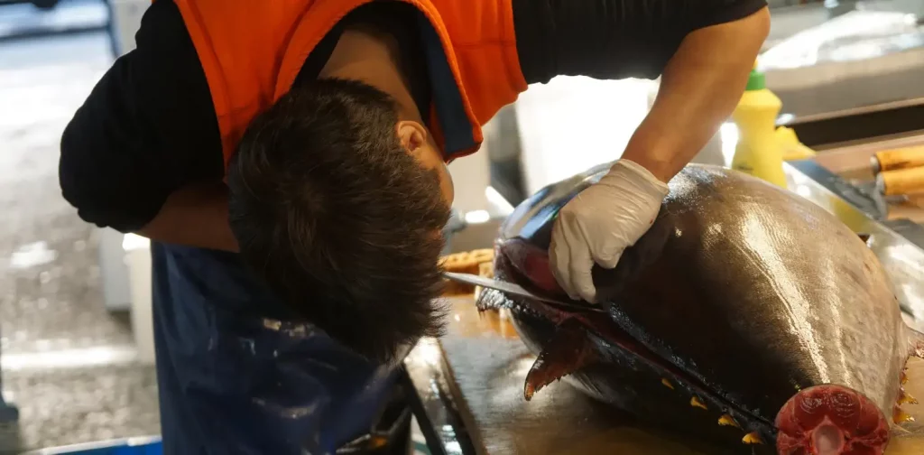 Seorang pedagang ikan sedang memotong tuna segar dengan pisau dan memakai sarung tangan.