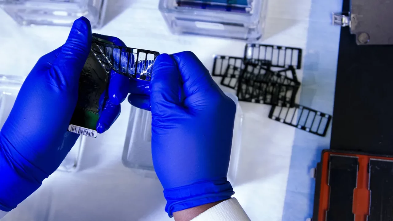potret tangan bersarung tangan biru sedang memegang benda di laboratorium.