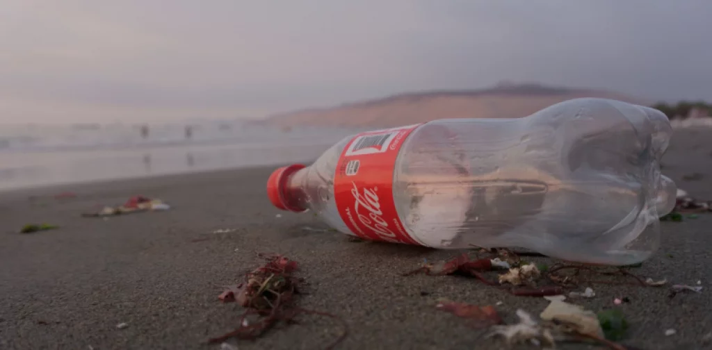 sebuah botol plastik berlabel coca-cola tergeletak di pasir di tepi pantai.