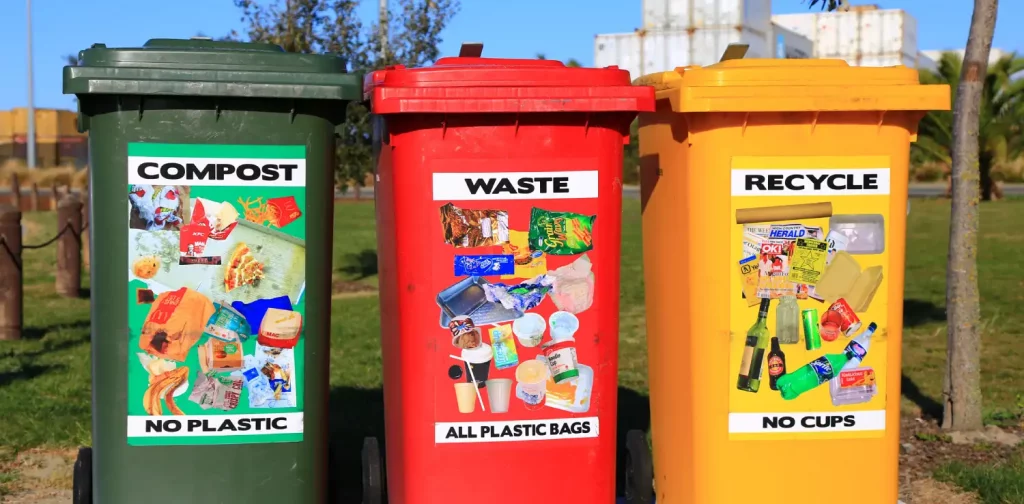 tiga tempat pengumpulan sampah untuk kompos, sampah plastik, dan sampah yang dapat didaur ulang