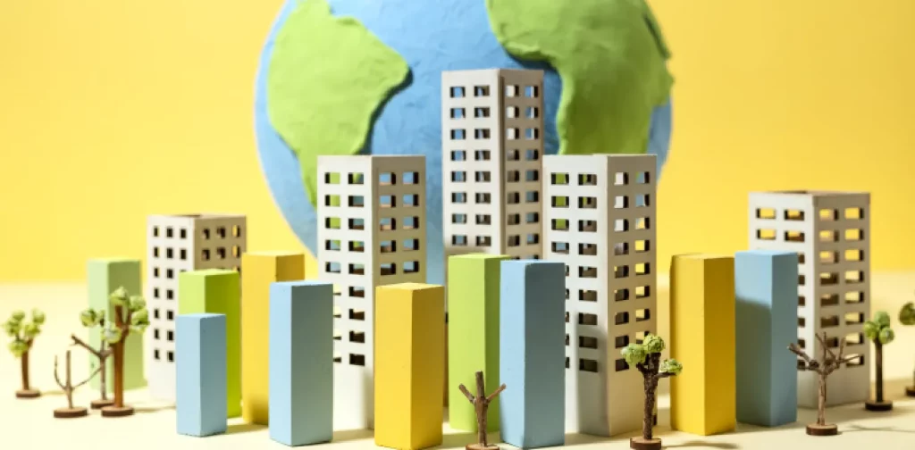 model bangunan dengan latar belakang planet bumi
