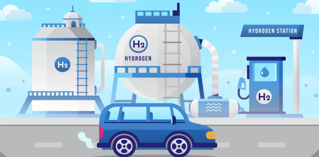 ilustrasi gambar mobil dengan stasiun pengisian hidrogen