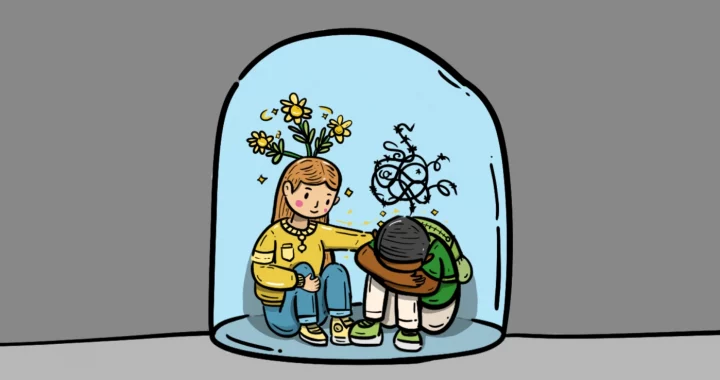 ilustrasi seorang anak perempuan menghibur anak laki-laki yang sedih