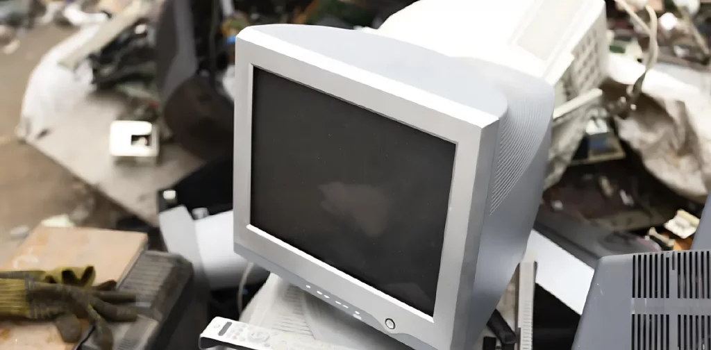 komputer bekas di atas tumpukan sampah elektronik