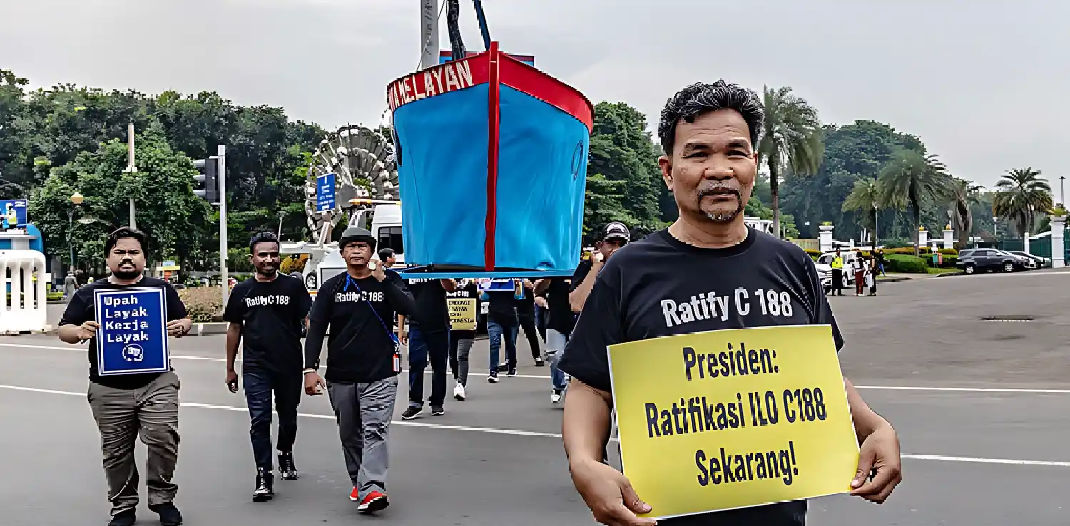 beberapa lelaki melakukan aksi damai, satu orang di depan membawa poster dan beberapa orang di belakang mengangkat replika kapal nelayan