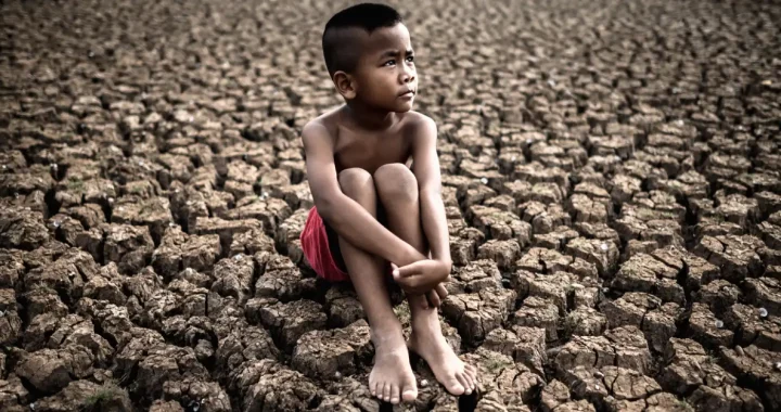 Seorang anak laki-laki duduk di atas tanah yang kering tandus.