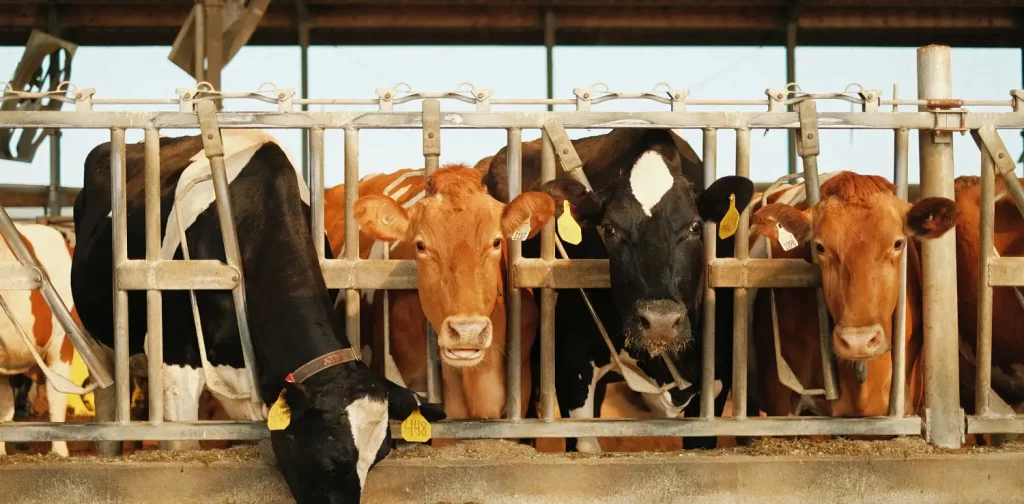 sapi-sapi menjulurkan leher di kandang yang sempit