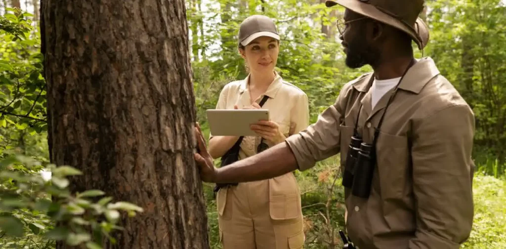 perempuan dan laki-laki bertopi mengumpulkan data di hutan