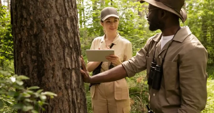 perempuan dan laki-laki bertopi mengumpulkan data di hutan
