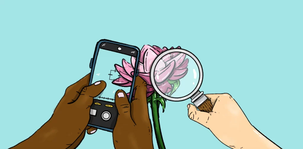 ilustrasi telepon dan kaca pembesar yang menyorot sekuntum bunga