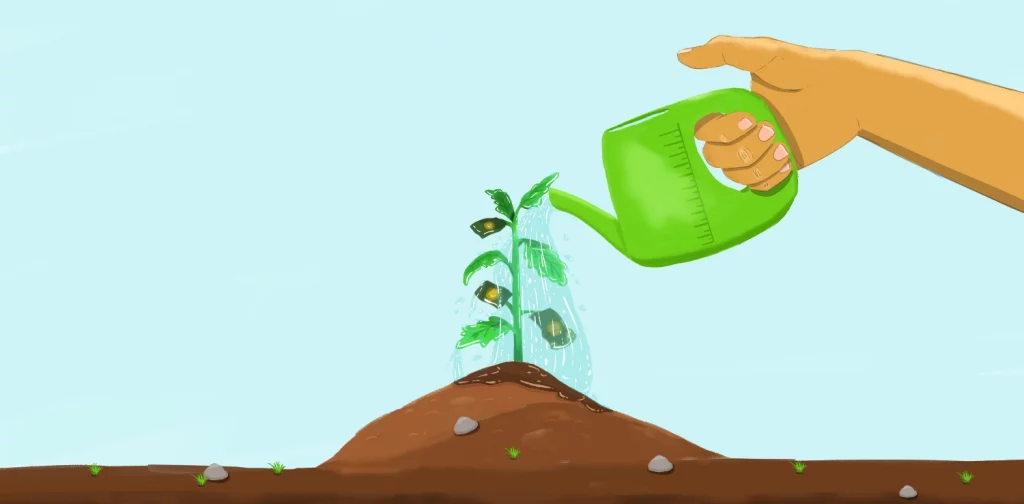 ilustrasi menyiram tanaman dengan daun dan uang.