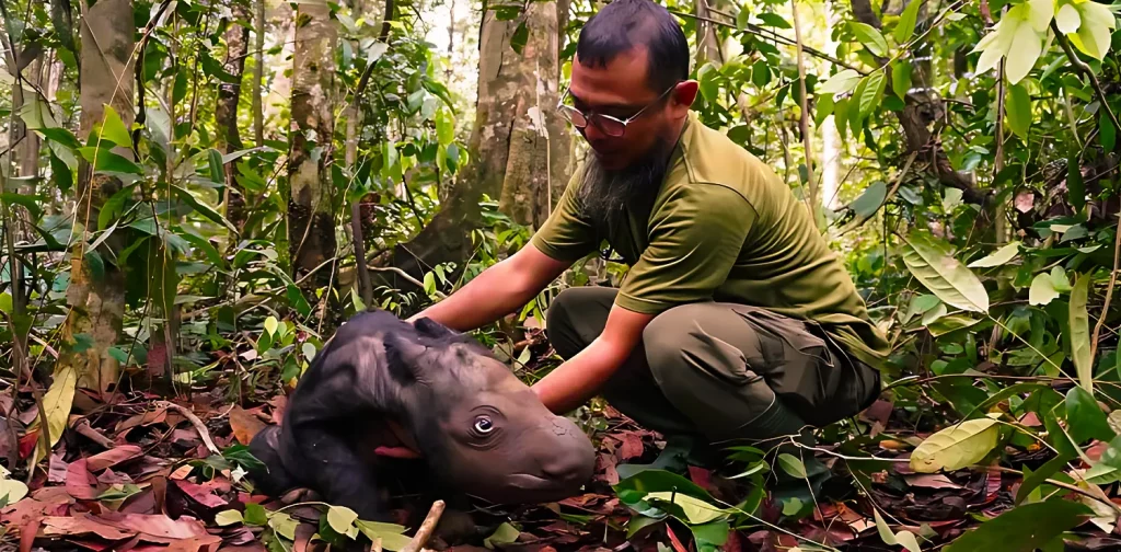 Seorang dokter hewan laki-laki, di tengah hutan, sedang memeriksa kondisi anak badak yang baru lahir.