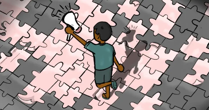 ilustrasi seorang anak berjalan sambil membawa megafon di atas lantai berbentuk puzzle