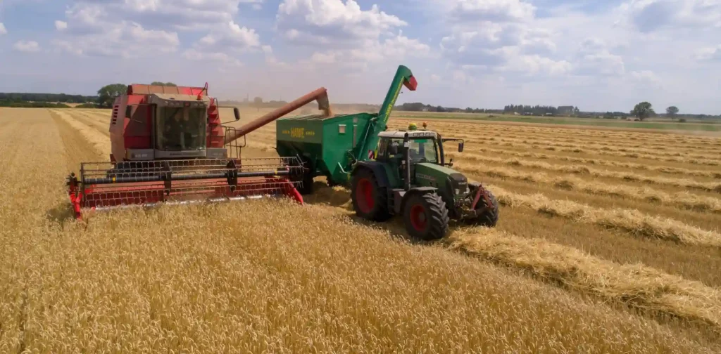 alat pemanen berwarna merah dan traktor berwarna hijau di tengah ladang gandum