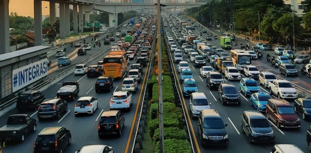 jalanan padat kendaraan berupa mobil dan sepeda motor