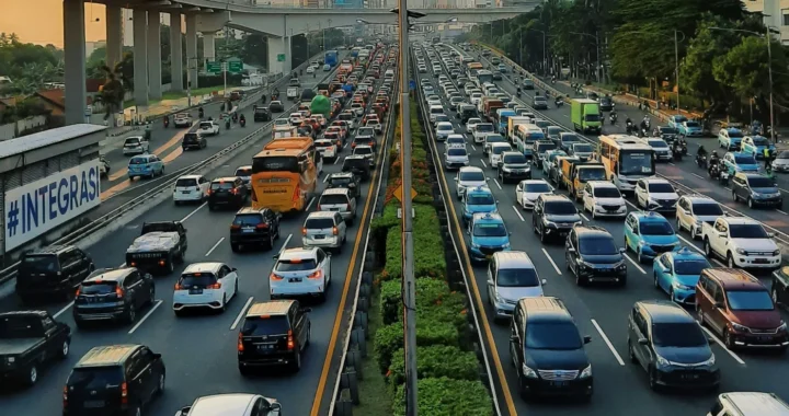 jalanan padat kendaraan berupa mobil dan sepeda motor