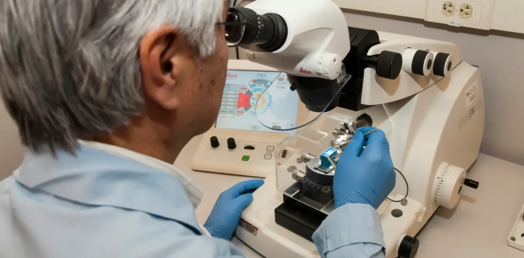 male scientist using a microtome