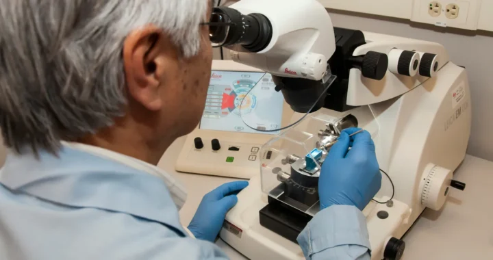 male scientist using a microtome