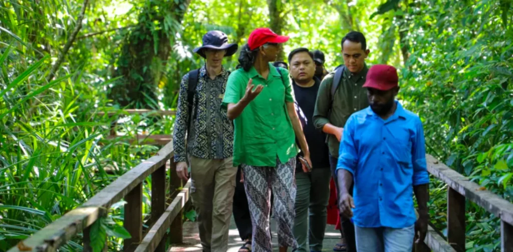 sekitar 5-7 orang laki-laki dan perempuan berjalan di jembatan kayu di antara pepohonan di hutan