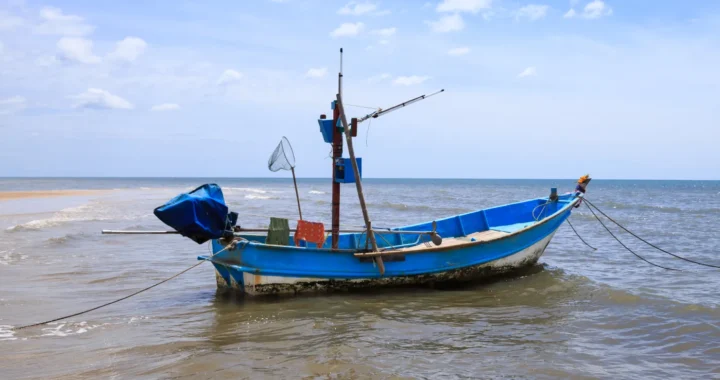 sebuah kapal nelayan berwarna biru dan putih berada di laut dengan latar belakang langit biru cerah