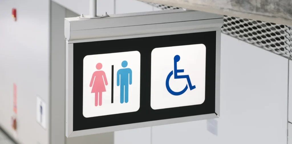 tanda petunjuk toilet bergambar laki-laki, perempuan, dan disabilitas