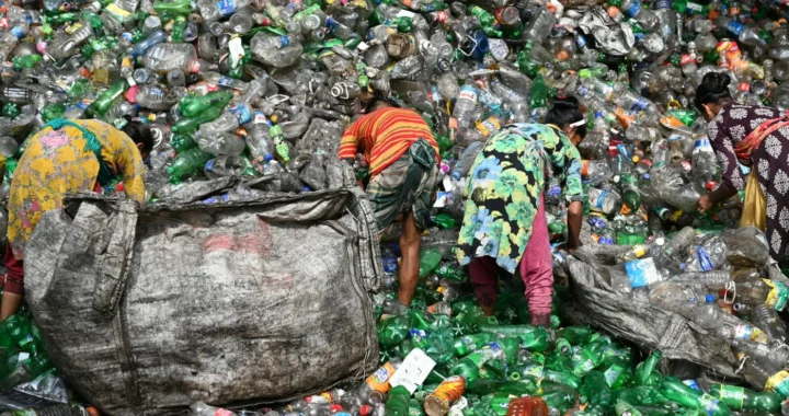 Empat perempuan memilah sampah plastik di tempat pembuangan sampah