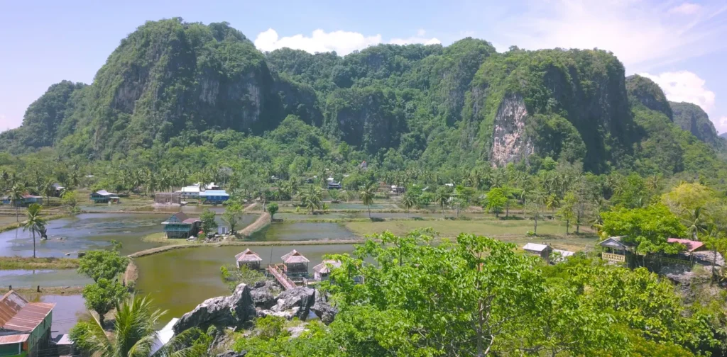 Bentang alam hijau perbukitan karst dengan beberapa rumah dan badan air di bawahnya.