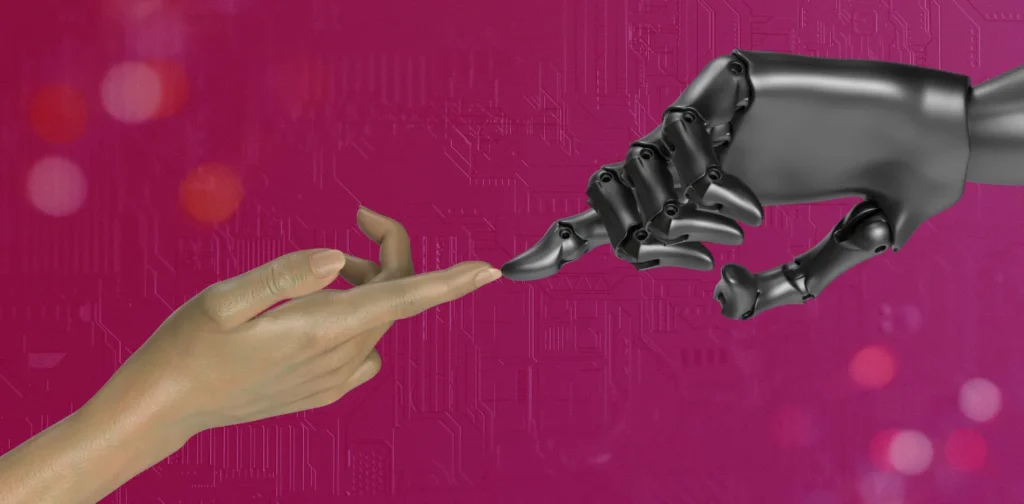 dua tangan dengan satu tangan robot bersentuhan dengan tangan manusia
