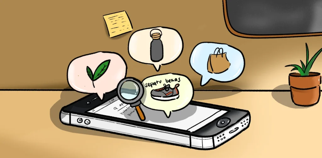 telefon genggam dengan posisi menengadah, dengan beberapa pop up barang