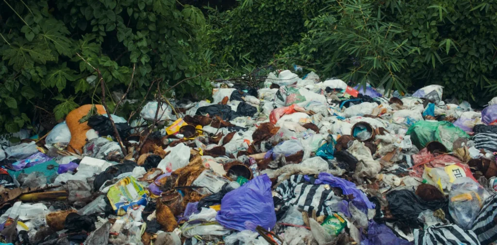 tumpukan sampah dalam plastik di dekat semak-semak pepohonan