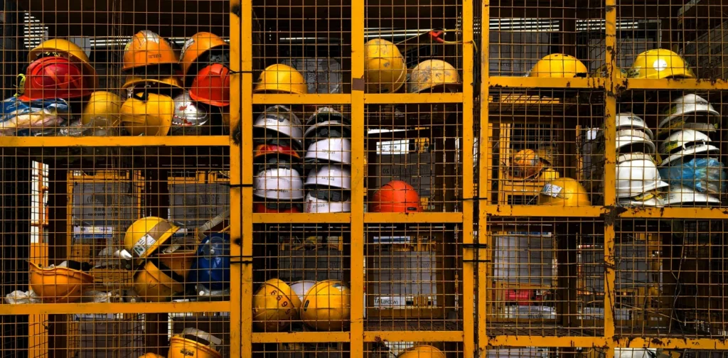 rak berjaring yang diisi dengan helm-helm proyek berwarna kuning dan merah