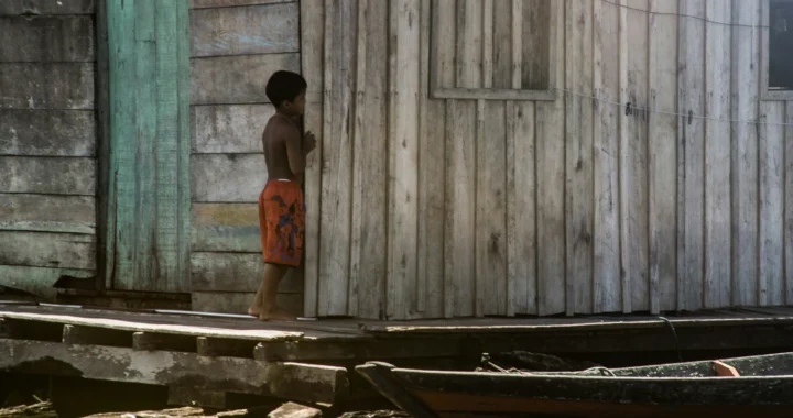 seorang anak berdiri di sebuah rumah kayu