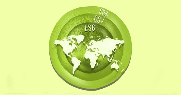 tiga tulisan esg, csv, sdgs, mengelilingi bumi