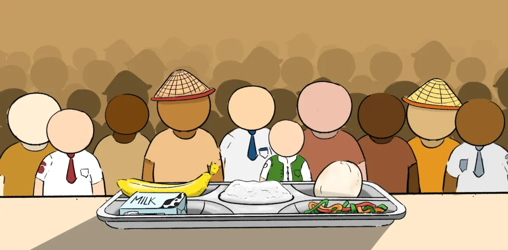 ilustrasi nampan makanan dengan figur pelajar, petani, dan orang-orang lain di belakangnya