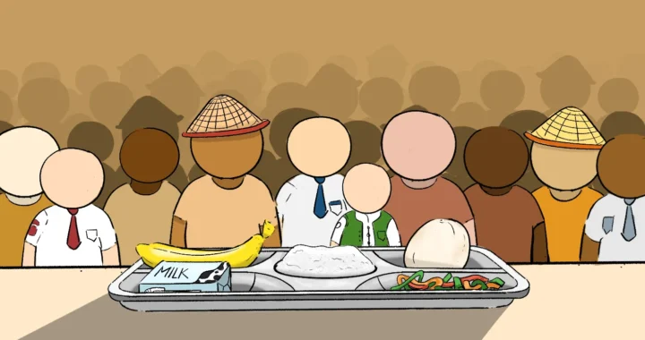 ilustrasi nampan makanan dengan figur pelajar, petani, dan orang-orang lain di belakangnya