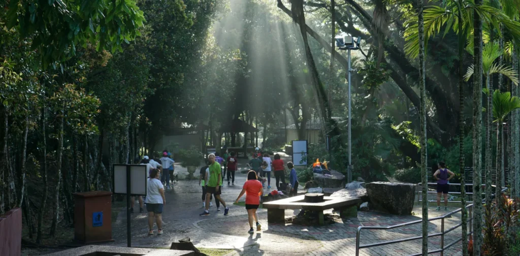 beberapa orang yang beragam melakukan aktivitas fisik di taman kota yang dikelilingi pepohonan di Penang, Malaysia.