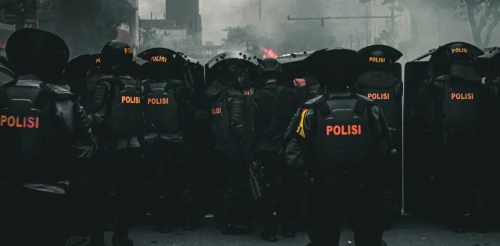 deretan polisi dengan rompi dan tameng menghadap ke arah pengunjuk rasa dengan latar asap hitam