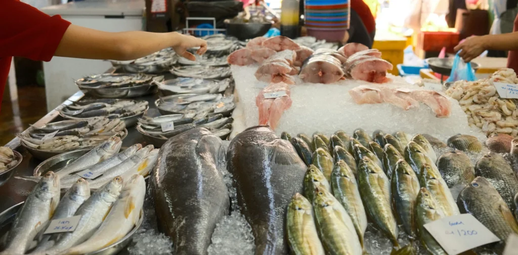 meja dengan berbagai ikan segar tersusun di atasnya