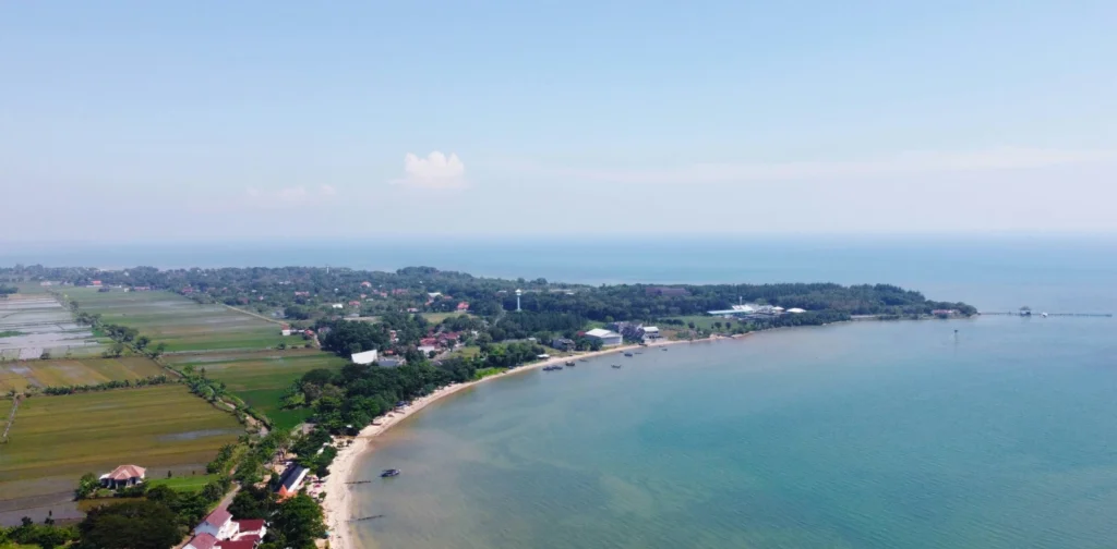 Pemandangan pesisir Pantai Utara Jawa dengan garis pantai melengkung, air laut berwarna biru kehijauan, area persawahan di sisi kiri, dan permukiman di tepi pantai.