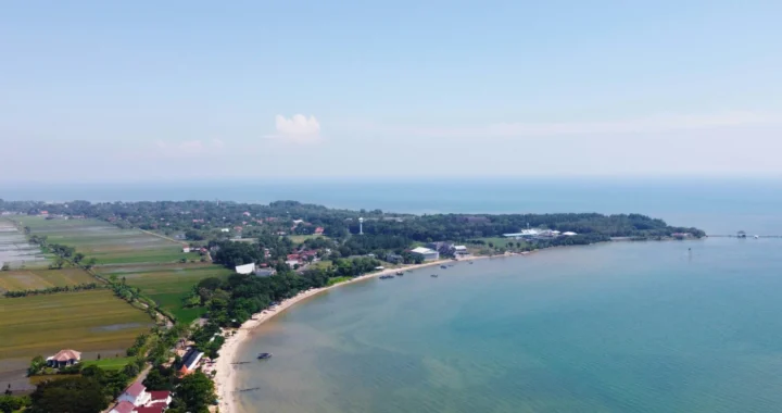 Pemandangan pesisir Pantai Utara Jawa dengan garis pantai melengkung, air laut berwarna biru kehijauan, area persawahan di sisi kiri, dan permukiman di tepi pantai.