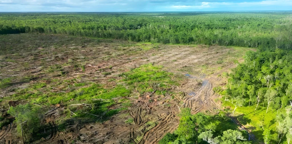 foto hutan kayu yang telah ditebangi dari atas udara