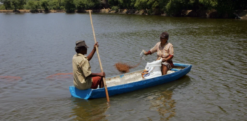 Dua orang duduk di perahu menyusuri perairan dengan salah seorang menebar benih ikan.