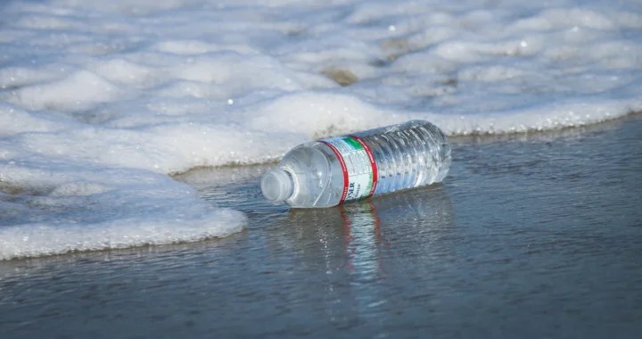 gambar jarak dekat sebuah botol air plastik terdampar di bibir pantai yang berbuih