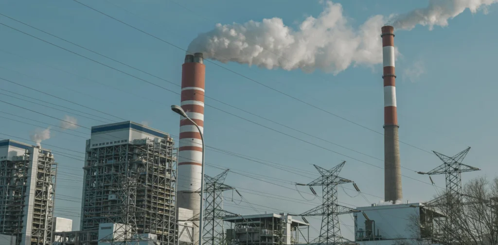 Pabrik dengan cerobong yang mengeluarkan asap.