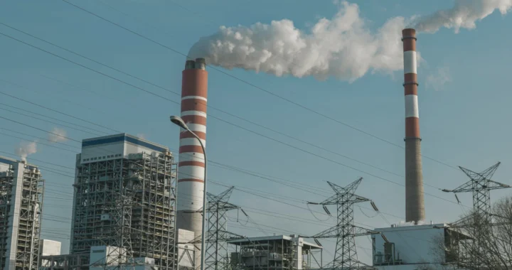 Pabrik dengan cerobong yang mengeluarkan asap.